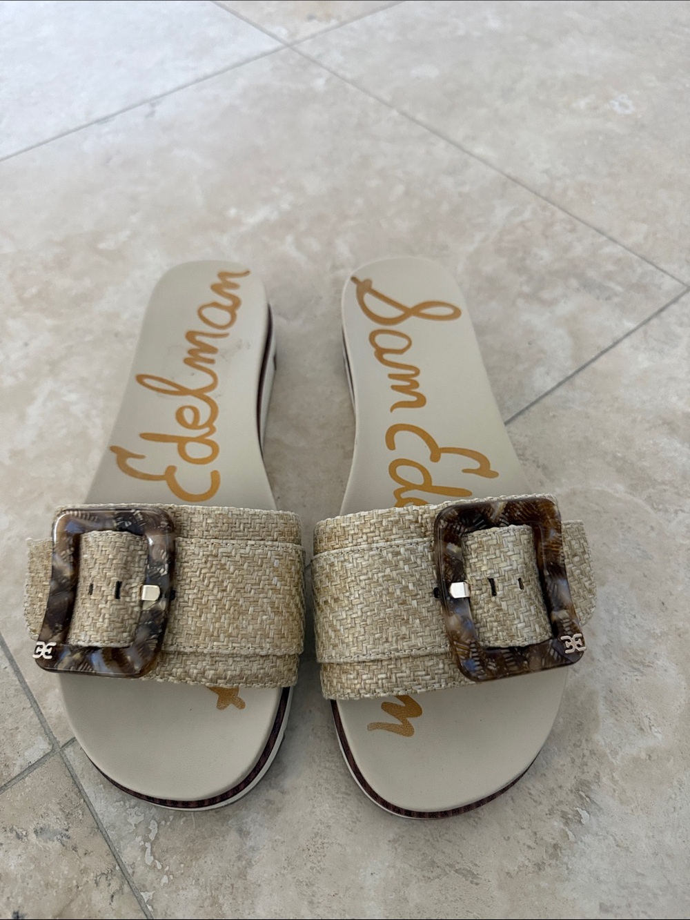Sam Edelman Natural Raffia Slide Sandals with Tortoiseshell Buckle